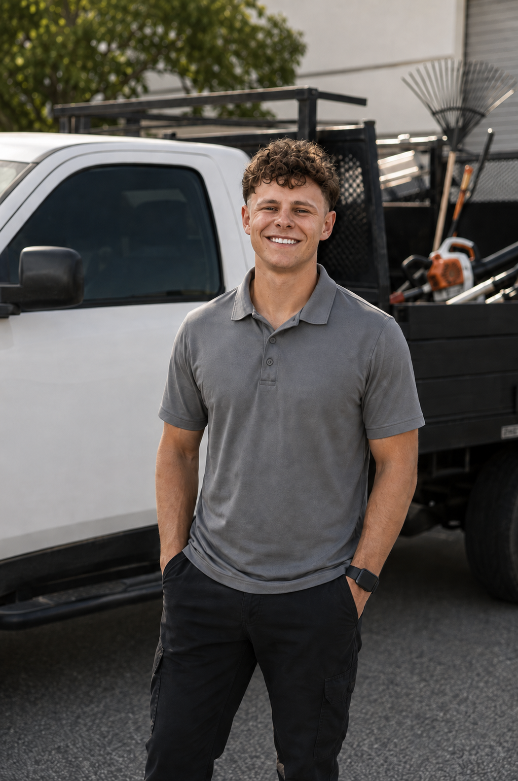 Drew Kardy beside his white work truck