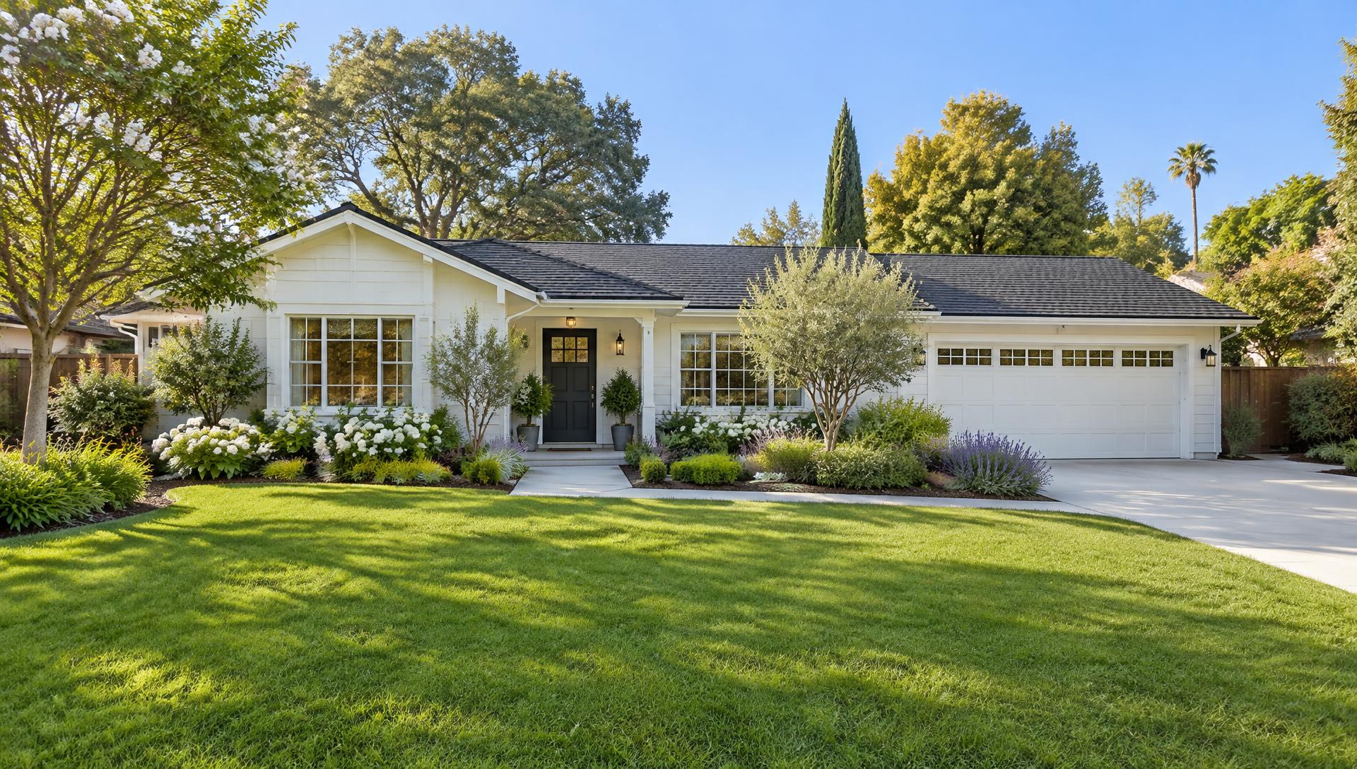Landscaped California home with a green lawn and clean walkway